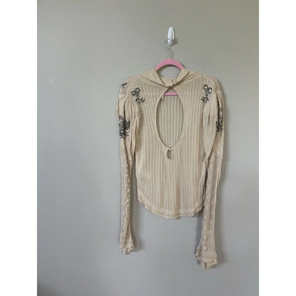 Free People Top Ivory High Maintenance Ballet Blouse Preppy Boho Jewel Sz M New